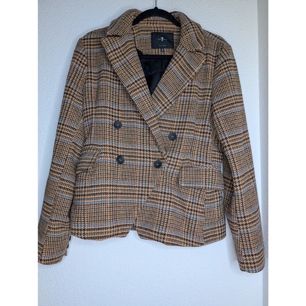 7 For All Mankind Double Breasted Plaid Brown Blue Blazer M Academia Preppy Chic